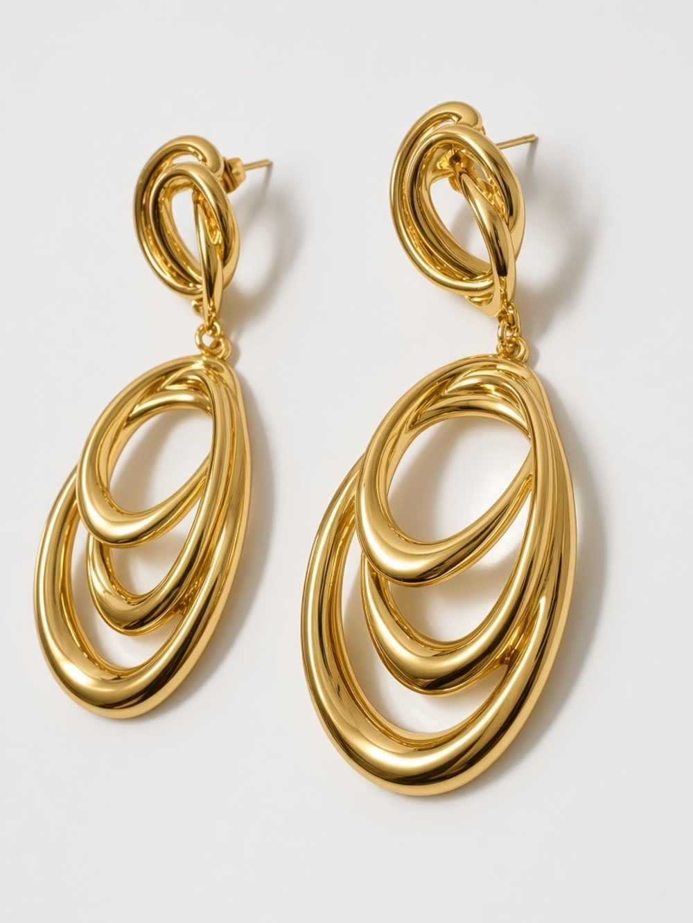 Gold Tone Interlocking Oval Drop Earrings – Modern Statement Dangles - Picture 5 of 5